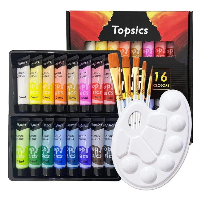 Kit de peinture acrylique 16 tubes 36ml + 5 pinceaux + 1 palette - Idéal pour artistes débutants