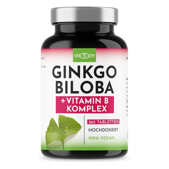 Vroody Vegan Ginkgo Biloba Extract 6000mg - Vitamin B12 - Reduziert Müdigkeit - Kleine, leicht einzunehmende Tabletten