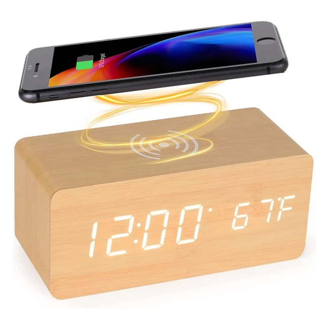 Rveil numrique en bois avec charge sans fil 5W pour iPhoneSamsung - Rveil