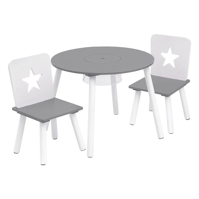 WOLTU SG012 Kinder-Möbel-Set 1 Kinder-Tisch und 2 Kinder-Stühle Tisch mit Stauraum Massivholz Rundtisch Möbel-Set für Kinder Grau Weiß