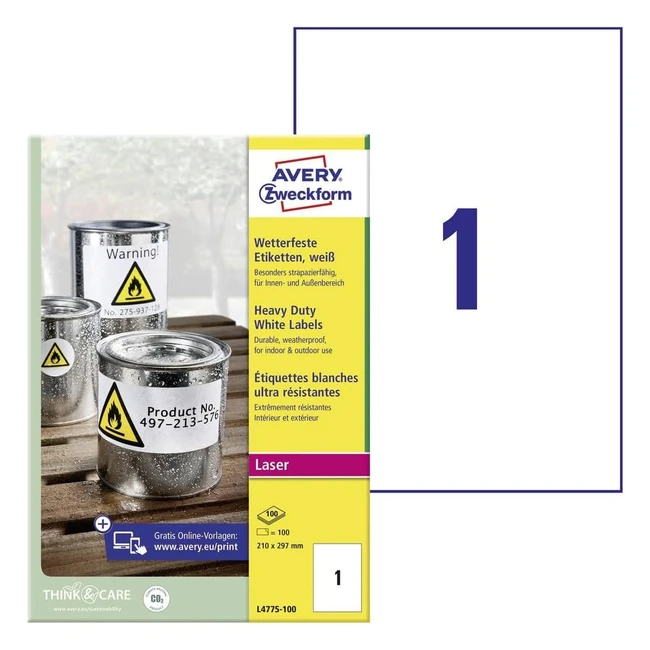 Etiquetas Adhesivas Blancas Avery L4775100 - Resistentes al Agua - 210x297mm - Caja de 100