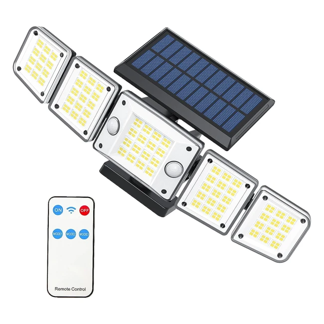 Lampe Solaire Exterieur Détecteur de Mouvement 7000K IP65 Spot Solaire 5 Têtes Lumière Solaire Exterieur avec Télécommande