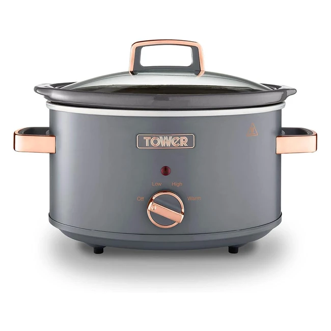 Tower T16042GRY Cavaletto 35L Slow Cooker 3 Heat Settings Cool Touch Handles 210W Grey/Rose Gold