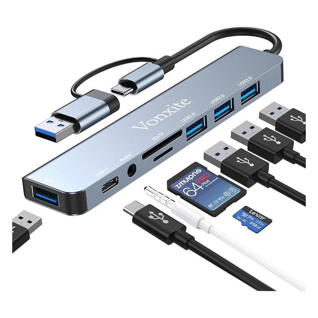 Vonxite USB C Adapter 8 in 1 Hub - SDTF Card Reader, 4 USB A Ports, USBC Data Port, 3.5mm Headphone Jack