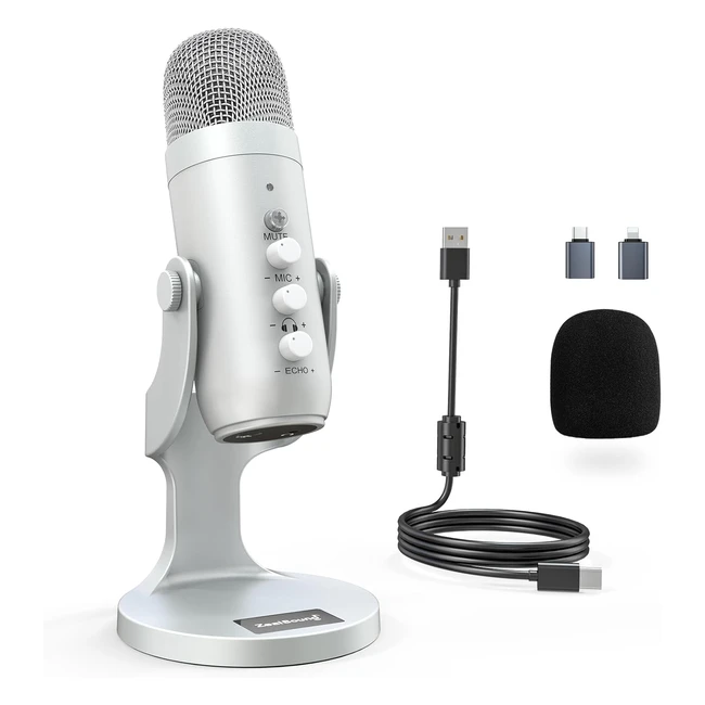 zealsound usb microphone k66 silver gaming mic for pc phone ps5 desktop condenser microphone with plugplay setup precise mic gain control superb sound quality live monitoring 360degree rotatable topaddressed microphone