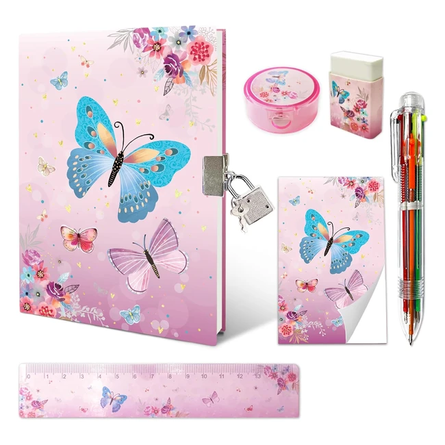 Journal intime fille avec cadenas papillon 178 x 33 cm stylo multicolore règle kit portegomme