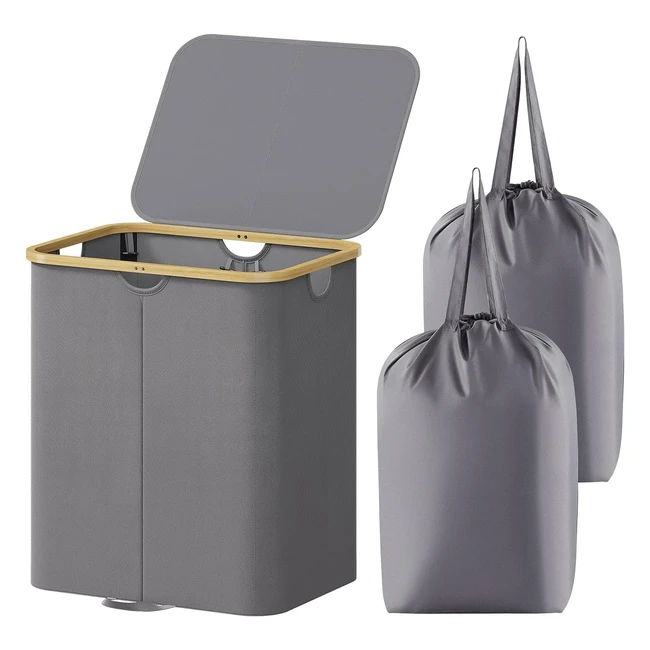 Lifewit 120L Laundry Basket with Lid - Large Foldable Hamper - Removable Bags - Grey