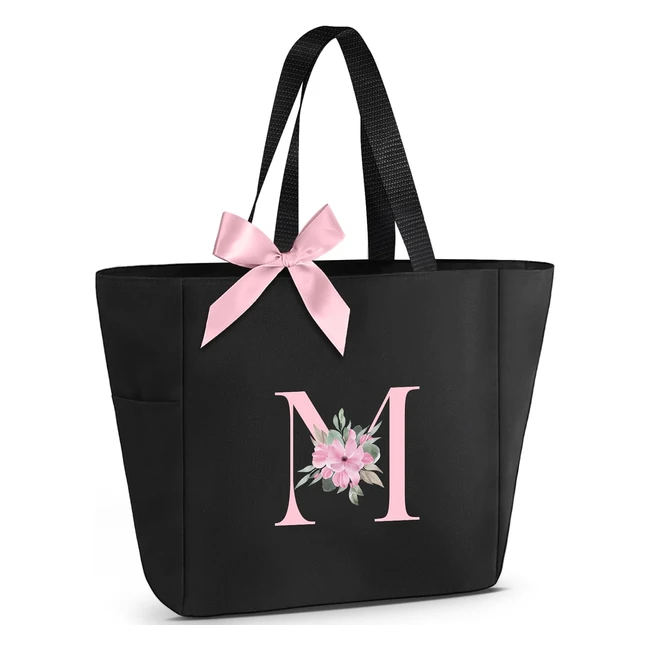 Vavabox AZ Initial Personalized Tote Bag - Waterproof - Birthday Gifts - Women Bridesmaids Mom Teachers Friends - Black Pink