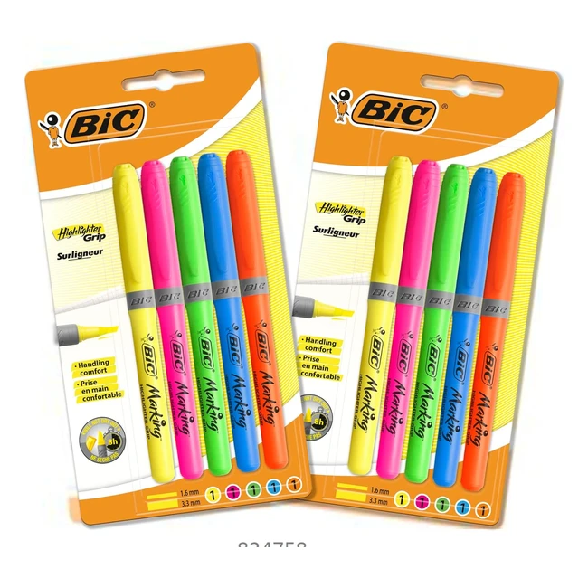 BIC 511032 Highlighter Grip Pens - Modular Chiselled Nib - Waterbased Ink - Assorted Colors - Pack of 10