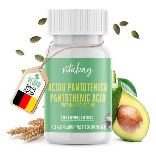 Vitabay Acido Pantotenico 500mg Vitamina B5 Ad Alto Dosaggio - Resistente al Succo Gastrico - Biologico - Made in Germany