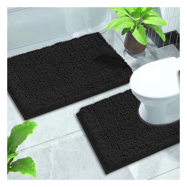 Soft Chenille Bath Mat Set - 2 Pieces - Non-Slip Back - Highly Absorbent - Black