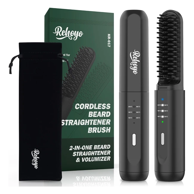 Rehoyo Cordless Beard Straightener Brush - 3 Temp Settings - AntiScald & AutoOff