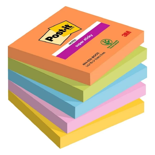 Post-it Super Sticky Boost Color - Paquete de 5 blocs 76x76 mm - Notas adhesivas extra - Naranja Verde Rosa Amarillo Azul