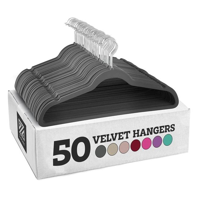 Zober Velvet Coat Hangers 50 Pack Premium Non-Slip Hangers for Clothes - Grey