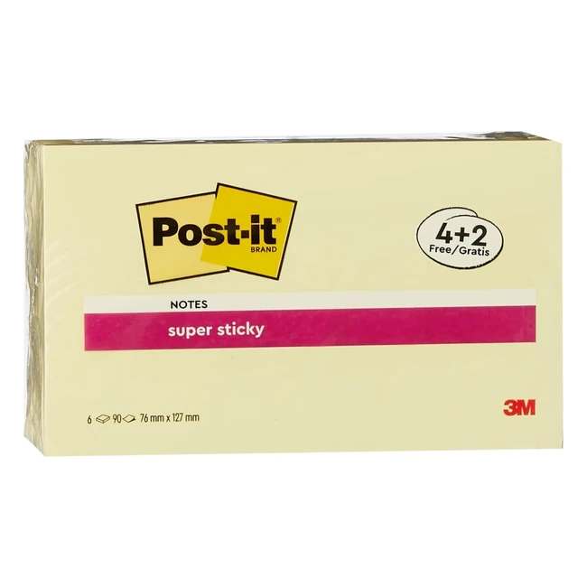 Post-it Super Sticky Notas Canary Yellow 76mm x 127mm 90 Hojas Bloc 4 Blocs Paquete 2 Gratis