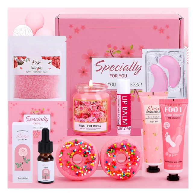 Birthday Gifts for Women - Pamper Hamper for Her - Rose Scented Candle, Essential Oil, Bath Bombs - Care Package for Her