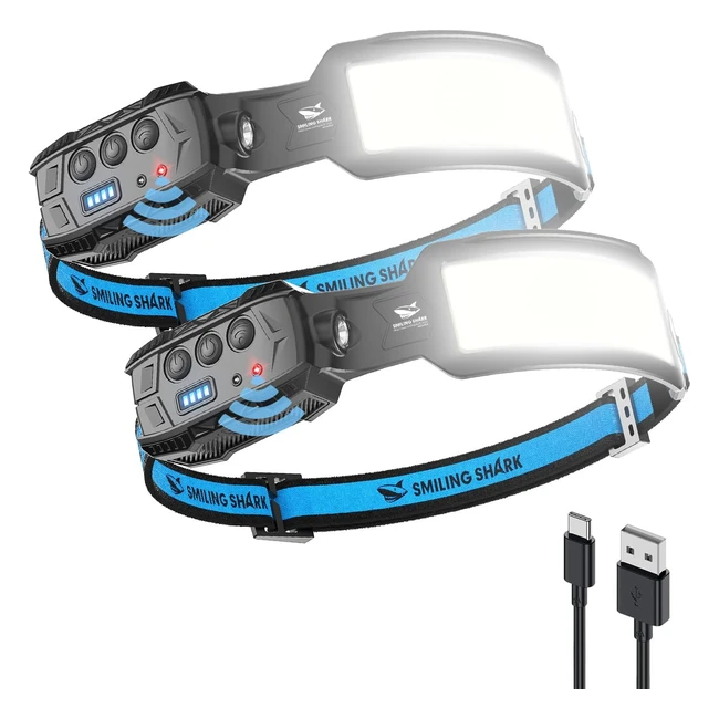 Lampe Frontale Rechargeable Smiling Shark 2 Pack LED 7 Lumires Blanches Super Br