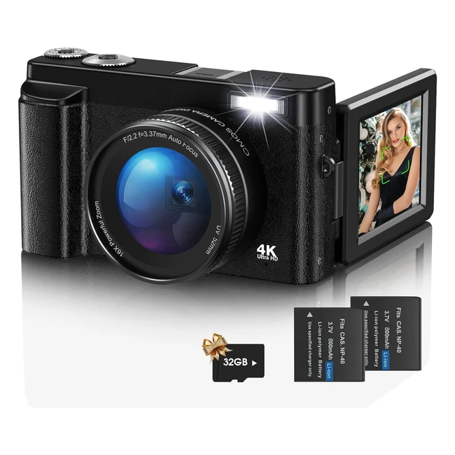 4K UHD 48MP Autofocus Vlogging Camera for YouTube - Compact Camera with 16x Digital Zoom & 180 Flip Screen - Ideal for Teenagers & Beginners
