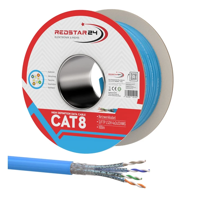Cble Ethernet Cat 8 100m Bleu - Redstar24 - Transmission 40 Gbits - Cble Lan SFTP