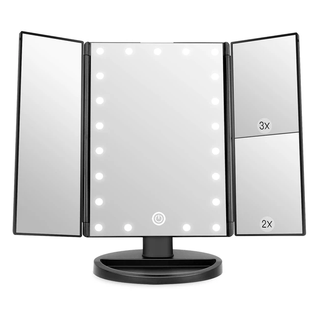 Weily Vanity Makeup Mirror 1x2x3x Trifold LED Lights Adjustable Touch Screen Black