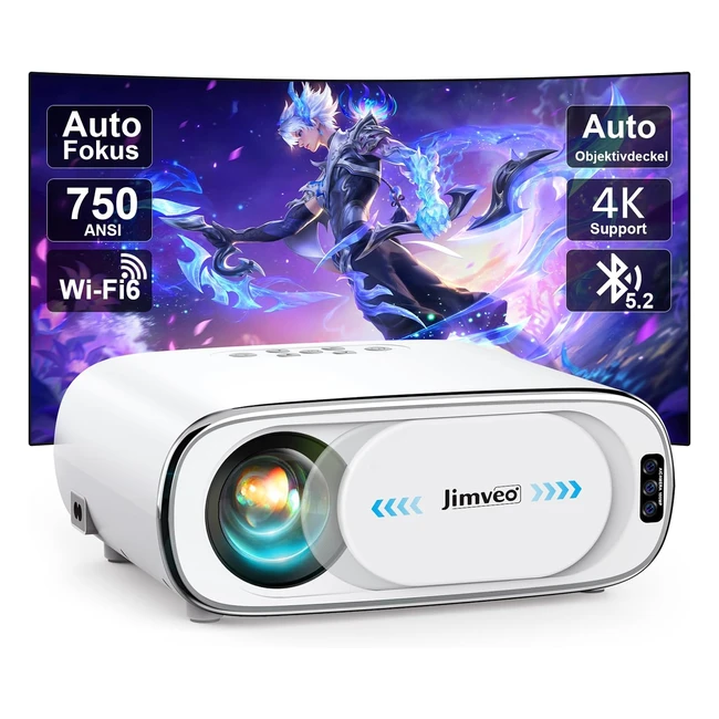 Auto Objektivdeckel Autofokus Jimveo Full HD 1080p 750ANSI WiFi6 Bluetooth Beamer 4K Unterstützt Projektor Auto 6D Trapezkorrektur Heimkino Video Beamer Kompatibel mit Smartphone TV Stick