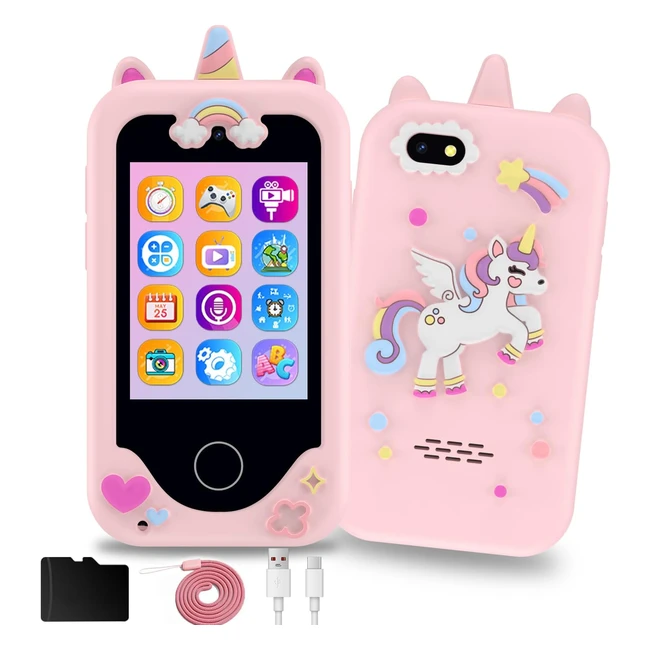 Kaktin Kids Phone for Girls - Touchscreen Learning Toys for Girls Age 3-11 - Dual Camera 8G SD Card - Unicorn Pink