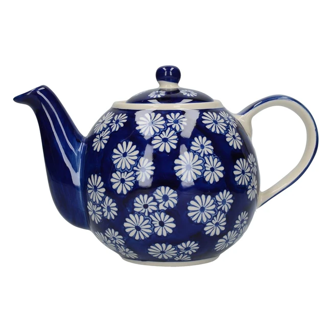 London Pottery JY18LT04 Globe Teapot Stoneware Navy Blue Small Daisies Design 4 