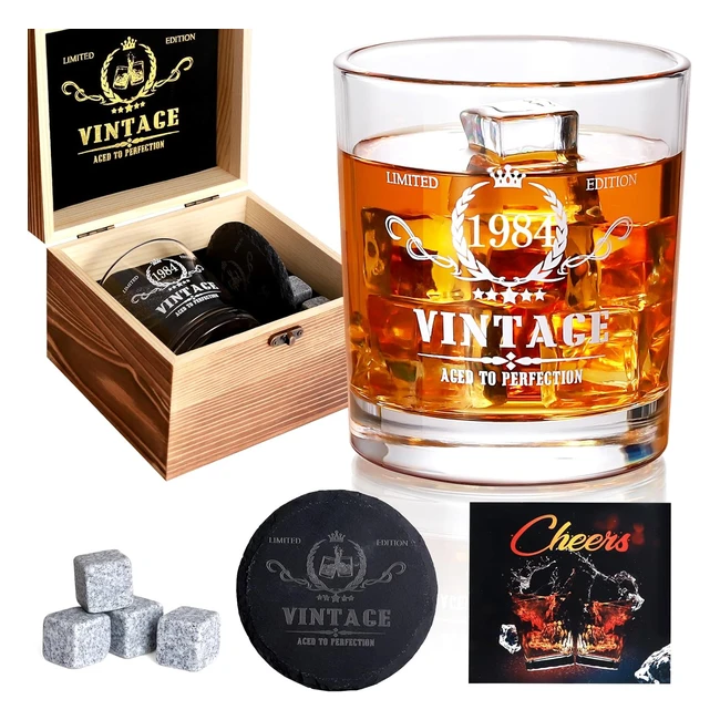 Vintage 1984 Whiskey Glass Set - 40th Birthday Gifts for Men - Wood Box Stones