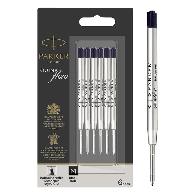Parker Ballpoint Pen Refills - Medium Point - Black Quinkflow Ink - 6 Count Value Pack