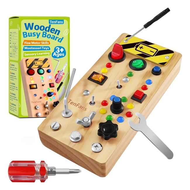 TenFans Montessori Busy Board with LED Light Switch and Screwdriver Tools - Sensory Toy for Toddlers 3 Year Old Boys