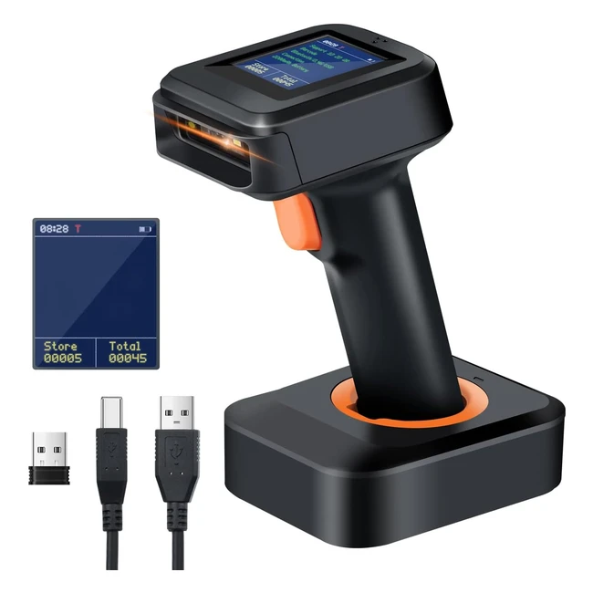 Scanner codes barres 2D sans fil QR Bluetooth affichage heure batterie base charge HW0006
