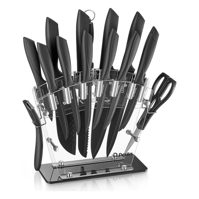 Set coltelli nero da cucina 16 pezzi - Lama antiaderente - Acciaio inossidabile 