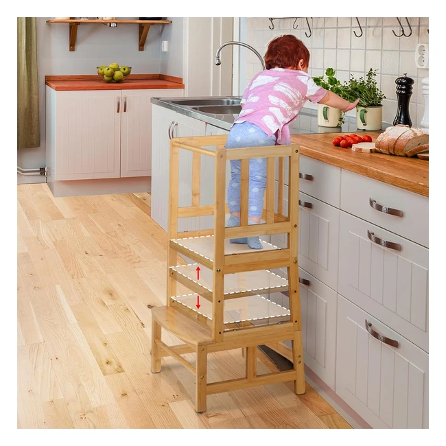 Cosyland Height Adjustable Toddler Kitchen Step Stool - Natural Bamboo - 150 lbs Capacity