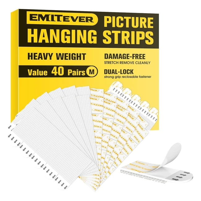 Emitever Picture Hanging Strips 40 Pairs 80 Strips Double Side Hook Loop Mountin