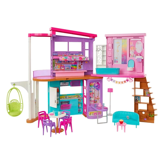 Barbie Malibu Haus 116 x 779 cm, 6 Spielbereiche, voll möbliert, mit Zubehör und Aufzug, klappbar und verstaubar ohne Puppe, Geschenk für Kinder ab 3 Jahren HCD50