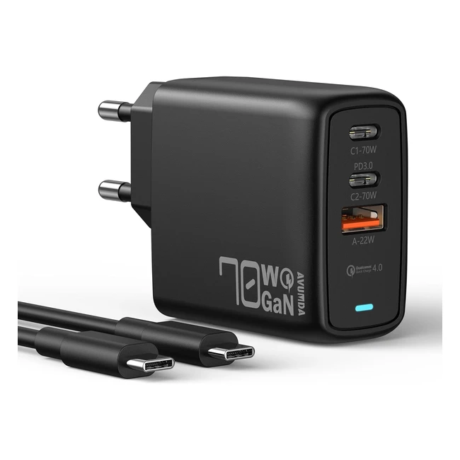 Chargeur USB-C 70W avec Cable USB-C Charge Rapide 3 Ports Gan III Tech Macbook Air Pro iPad Pro Dell XPS 15