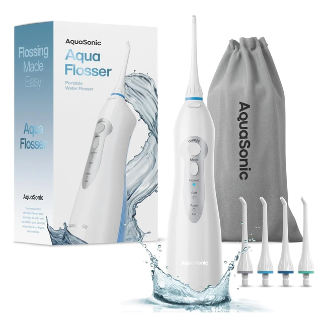 Aquasonic Aqua Flosser Professional Rechargeable Water Flosser - Dentist Recommended Oral Irrigator w/ 3 Modes, 4 Tips - Portable Cordless - Kids & Braces - White