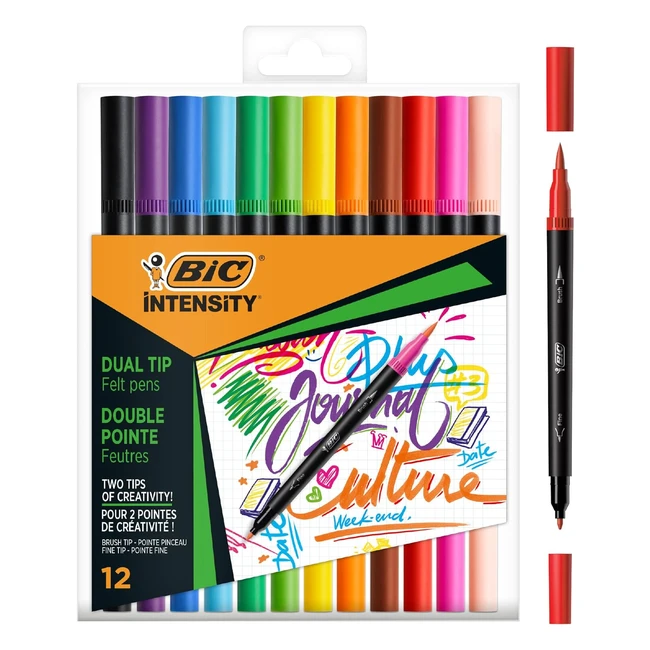 BIC Intensity Dual Brush Pen - Set of 12 - Waterbased Colors - Fine 07mm Tip - Adjustable Brush Tip