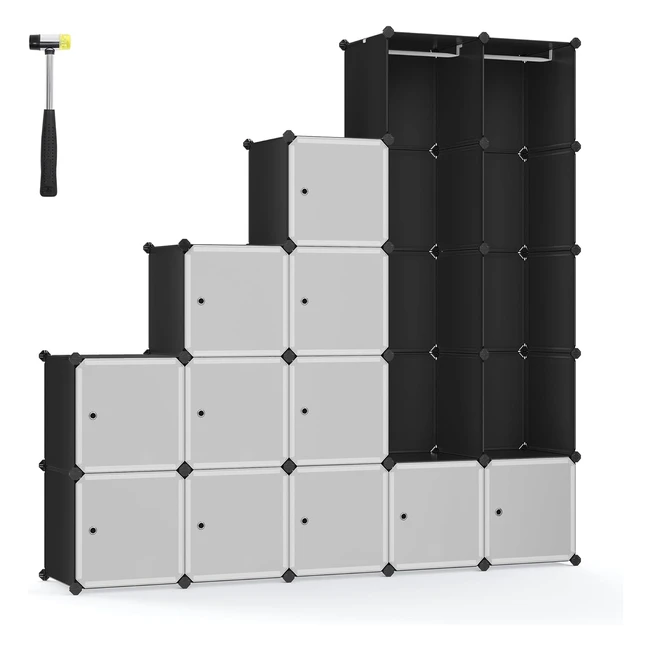 Songmics Cube Regal Kleiderschrank Kunststoff Steckregal mit Türen und Kleiderstangen je Fach 35 x 35 x 35 cm für Schlafzimmer Schwarz LPC301B01