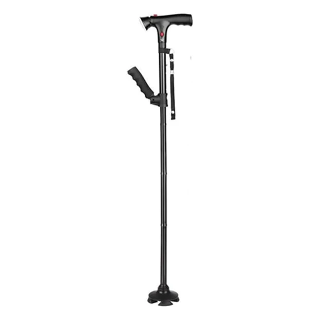 Folding Cane with LED Light and Alarm - Adjustable Armrest Cane and Walking Stick for Seniors - Buffered T Handle, Pivoting Quad Base