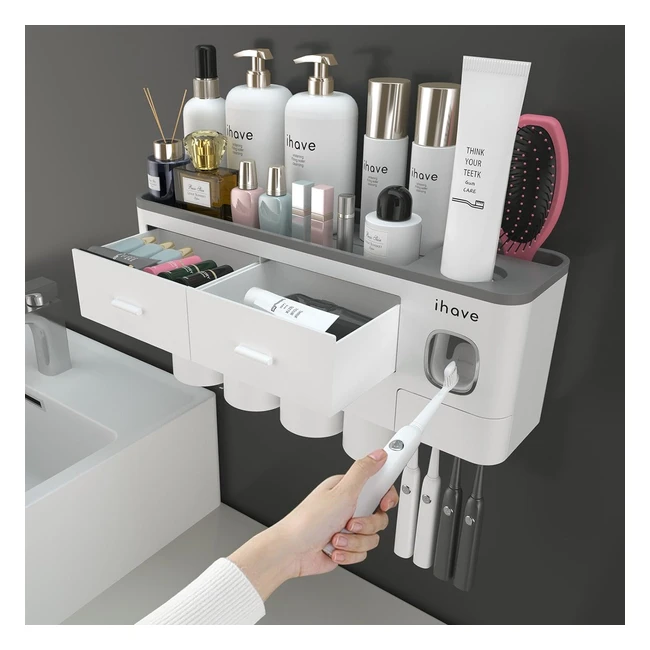 Large Capacity Toothbrush Holder with Toothpaste Dispenser  Cosmetic Drawer - B
