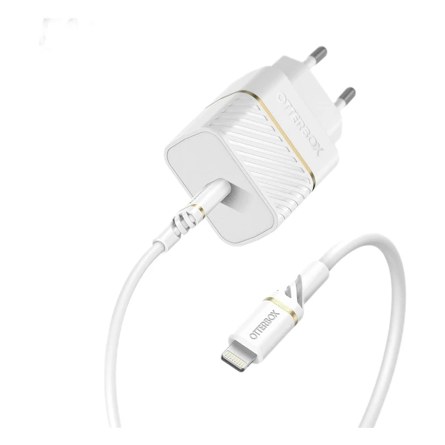 Kit de carga rápida Otterbox 20W PD USB-C y cable reforzado Lightning MFi para iPhone y iPad - Blanco