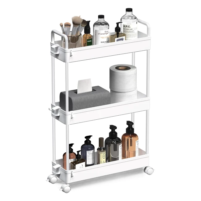 Solejazz 3-Tier Storage Trolley Cart - Slim Rolling Utility Cart - Mobile Shelving Organizer - Kitchen Bathroom Laundry Room - Plastic White