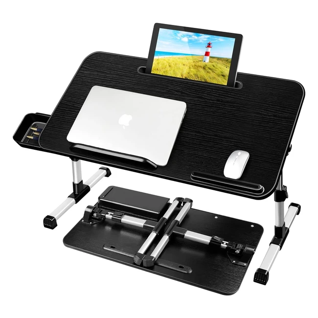 Table de lit pliable Airopen pour ordinateur portable - Support ajustable - Plateau avec tiroir et fente pour tablette - 60 x 34 cm - Noir