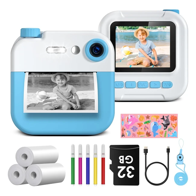 Appareil photo instantan enfant GreenKinder 1080p 24 avec carte 32GB et stylos