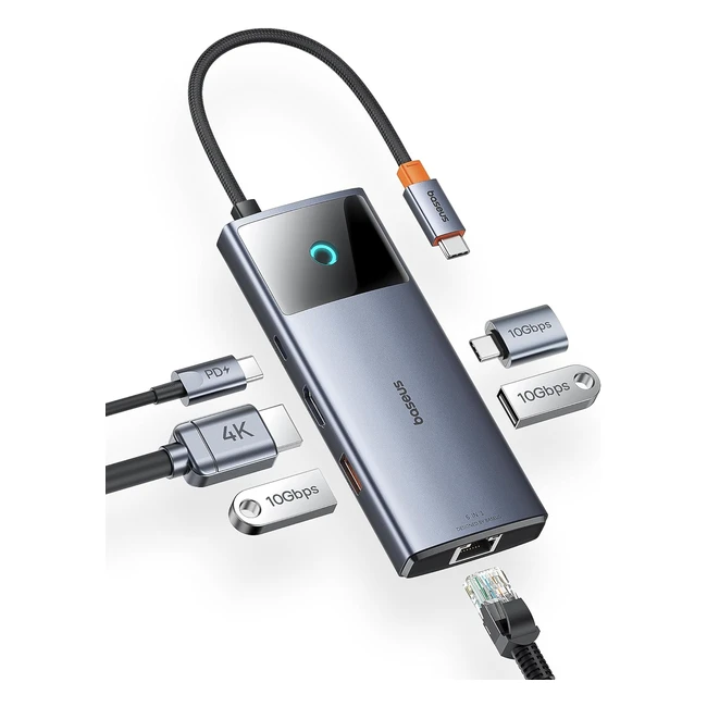 Baseus Hub USB C 10Gbps 6 en 1 con Gigabit Ethernet 4K60Hz HDMI - Para iPhone, Laptop, MacBook, Surface, Dell, iPad, Steam Deck, Samsung