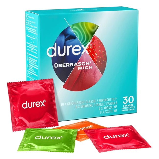 Durex Überrasch Mich Kondome Mix - Packung mit 4 Kondom-Varianten, verschiedene Größen, angenehmer Duft, feuchtigkeitsspendend - Packung mit 30 Stück