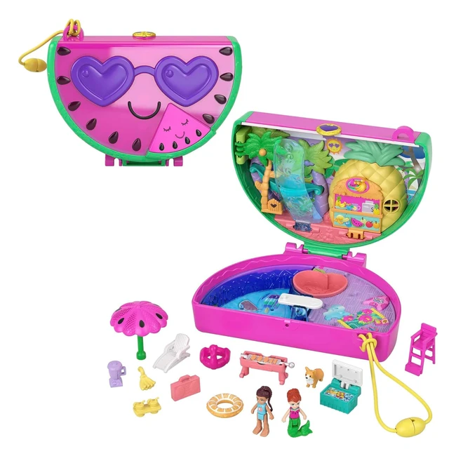 Polly Pocket Watermelon Pool Party Compact Playset HCG19 - Scented Feature, 2 Micro Dolls, 12 Accessories