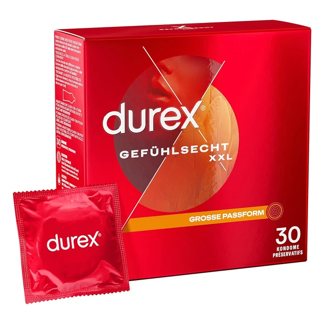 Durex Real Feel XXL Kondome - Große Passform, dünn, mit Silikon-Gleitgel, transparent, angenehmer Duft - 30er Pack
