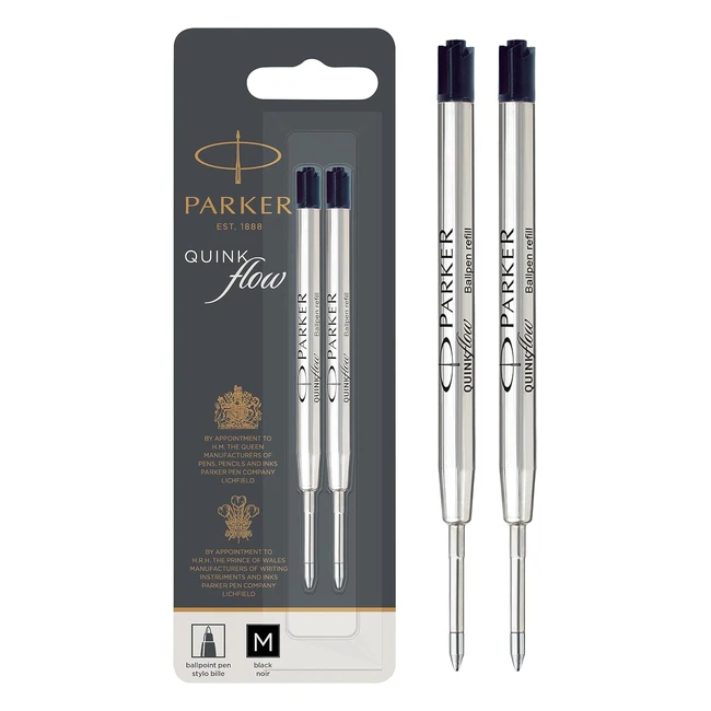 Parker Ballpoint Pen Refills - Medium Point - Black Quinkflow Ink - 2 Count - Smooth Writing